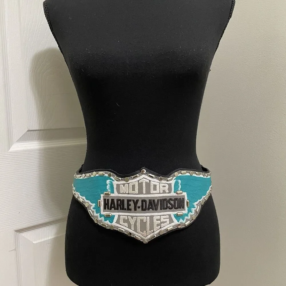 Vintage Harley Davidson Motor Cycles Leather Belt Studs Chain Biker RARE Painted